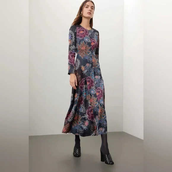 FARM Rio Blue Floral Dot Print Satin Maxi Dress - Long Sleeve, Size S - Picture 3 of 16